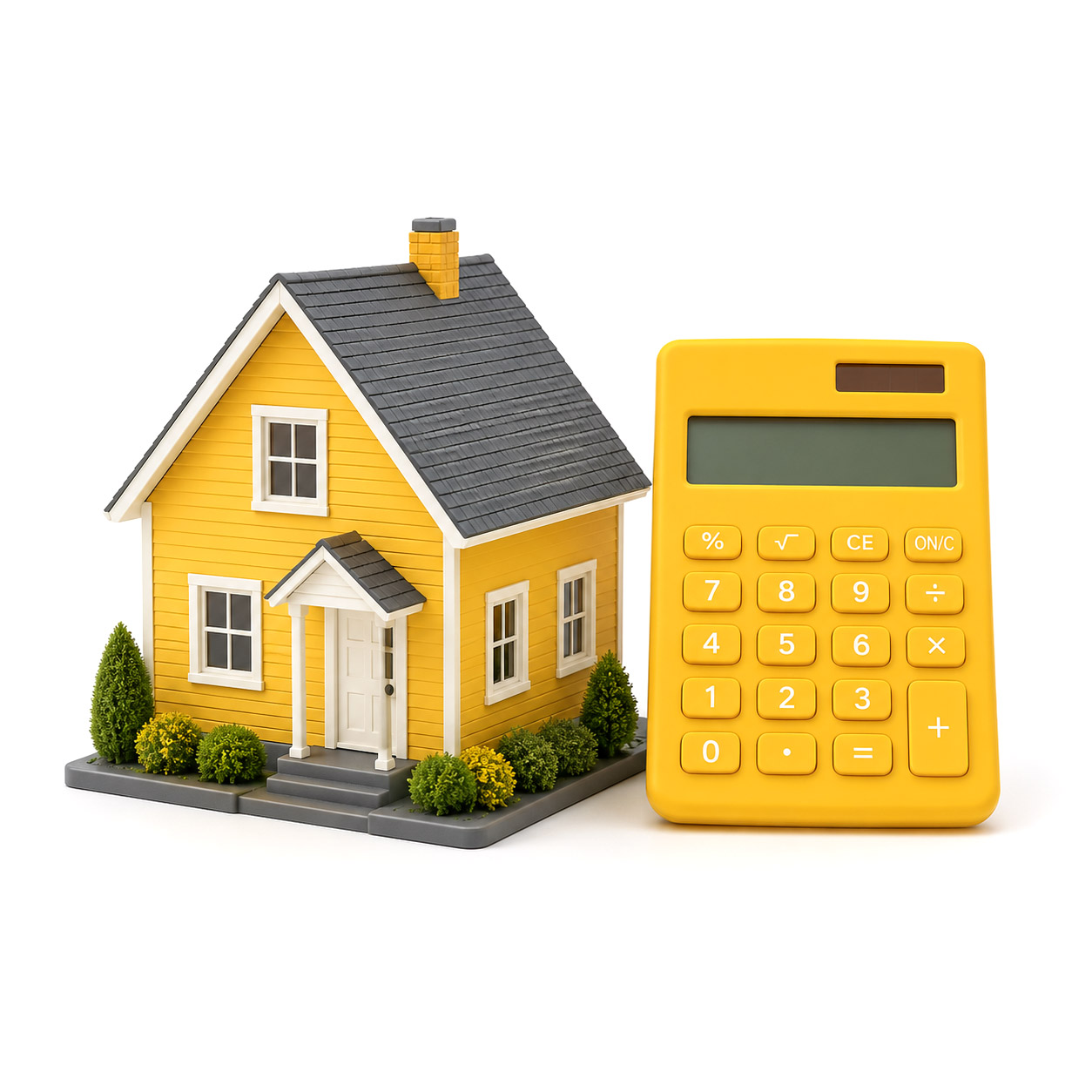 Casa e calculadora representando o crédito com garantia de imóvel